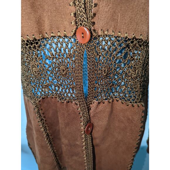 Vintage 90s Y2K Static Brown Suede Crochet Patched Blazer Boho Size Medium - Picture 5 of 9